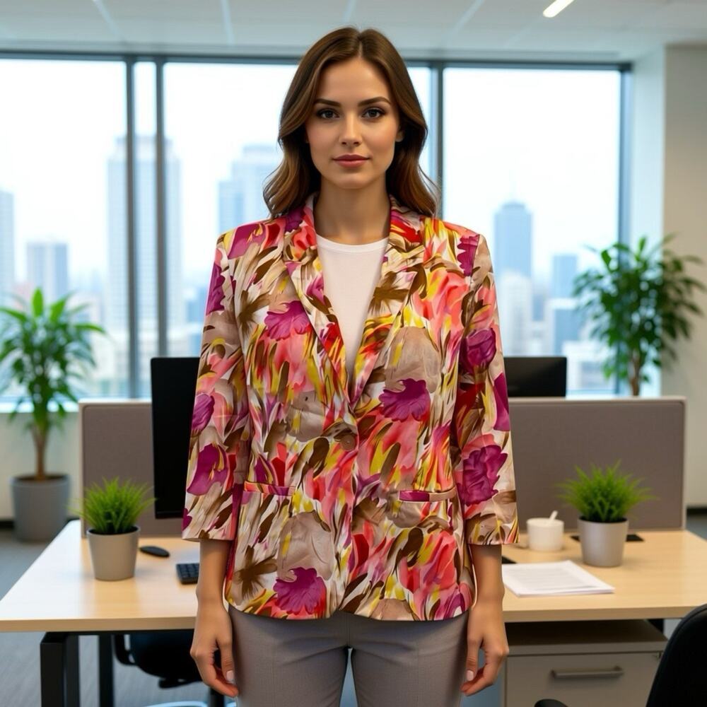 Notations Blazer Womens Sz Medium Suit Jacket Office Corp Colorful Floral Preppy